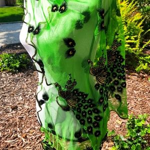New long peacock design sheer scarf green gold feather gold trim Bohemian stage